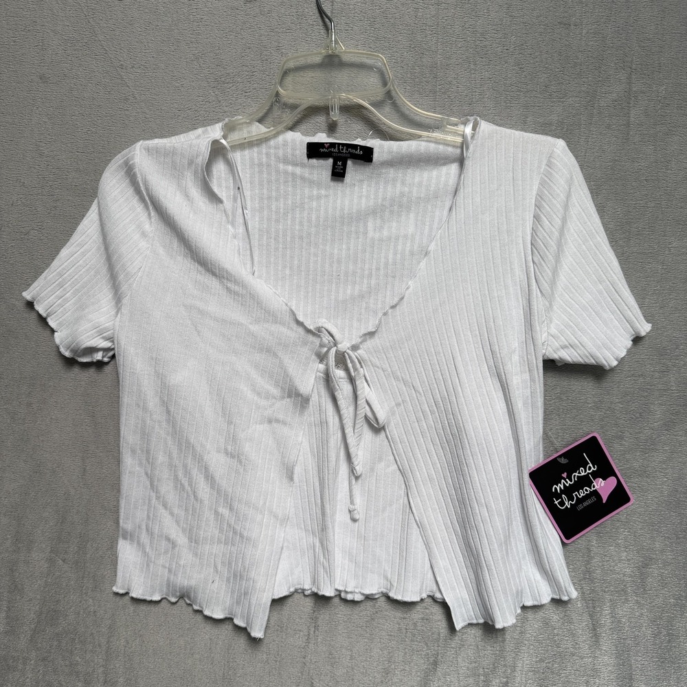 Mixed Threads Shirt Juniors Medium White Ribbed Tie Front Cropped Ruffle